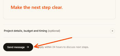 A real SnipCanvas annotation: Make the next step clear, with an orange arrow pointing to Send message.